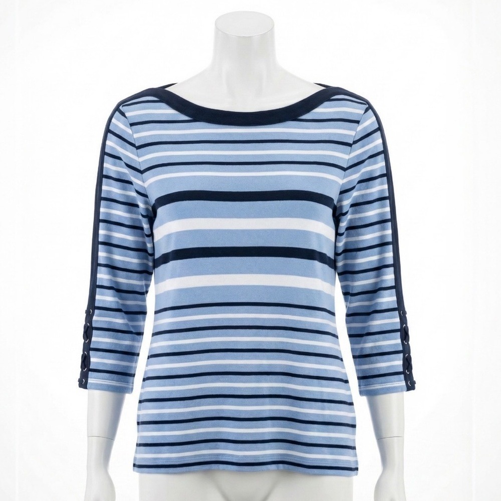 Chaps Blue White Striped Boat Neck Top Lace Up Sleeve Nautical Shirt Plus 2X